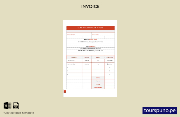 Plantilla de factura de trabajo de construcción lista para imprimir.